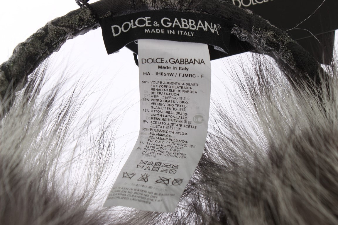 Dolce &amp; Gabbana Ohrenschützer aus grauem Fuchsfell mit Kristallen