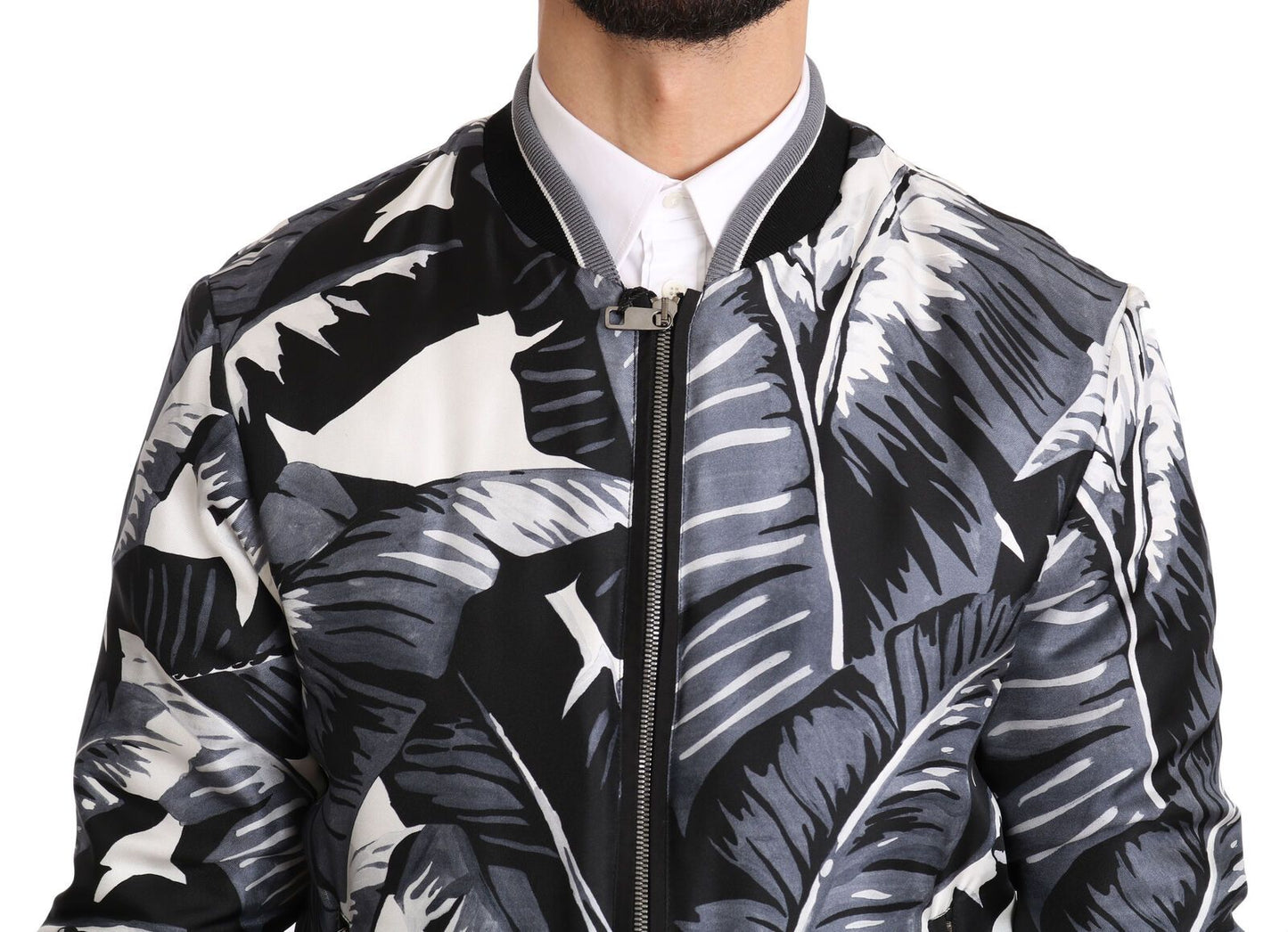 Dolce &amp; Gabbana Schwarze Seiden-Bomberjacke mit Bananenblatt-Print