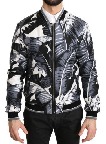 Dolce &amp; Gabbana Schwarze Seiden-Bomberjacke mit Bananenblatt-Print