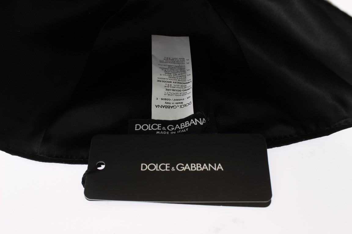 Dolce &amp; Gabbana Hut aus schwarzer Wolle und weißem Blumengoldblatt