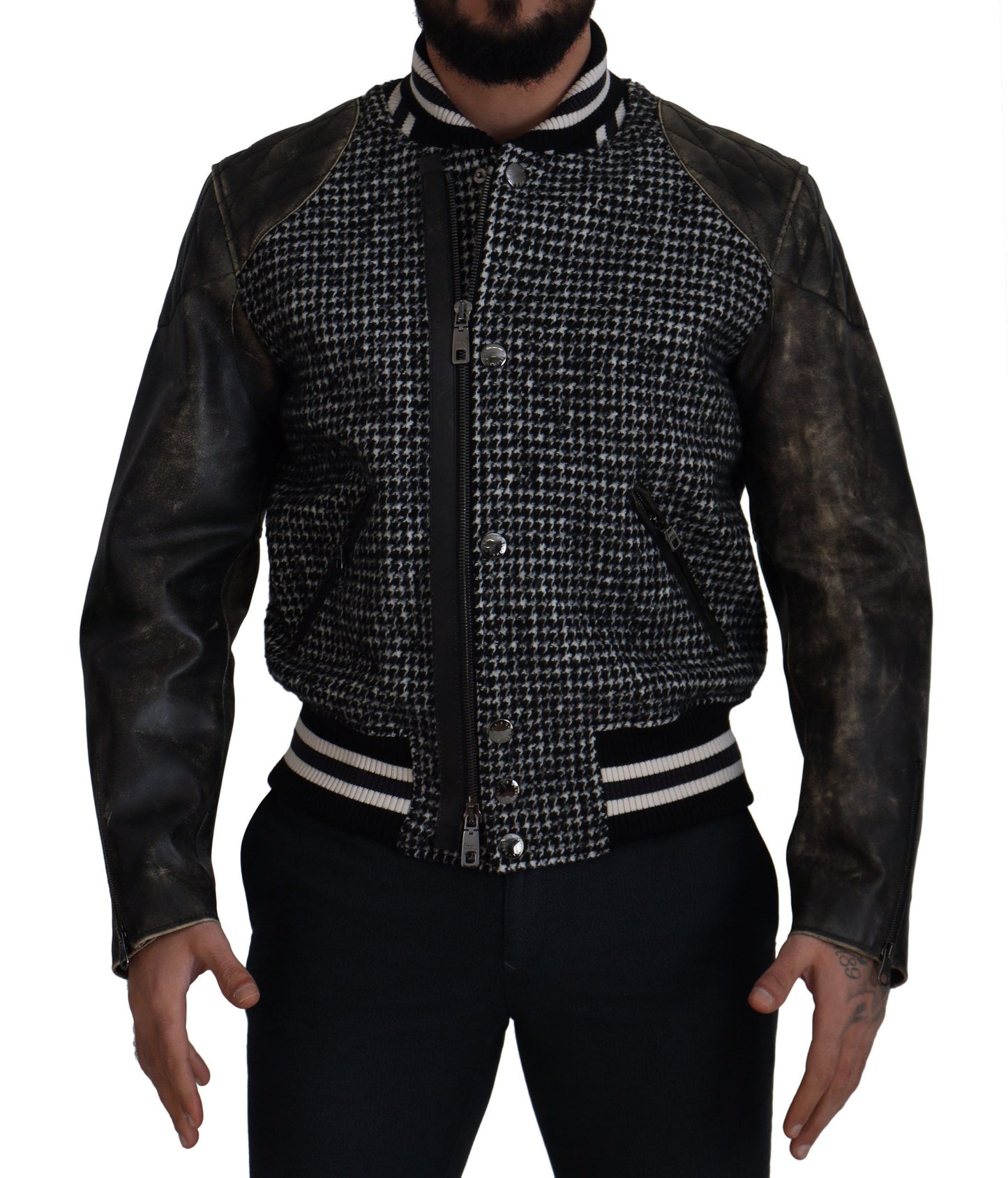 Dolce &amp; Gabbana Blouson aviateur en polyester pied-de-poule noir