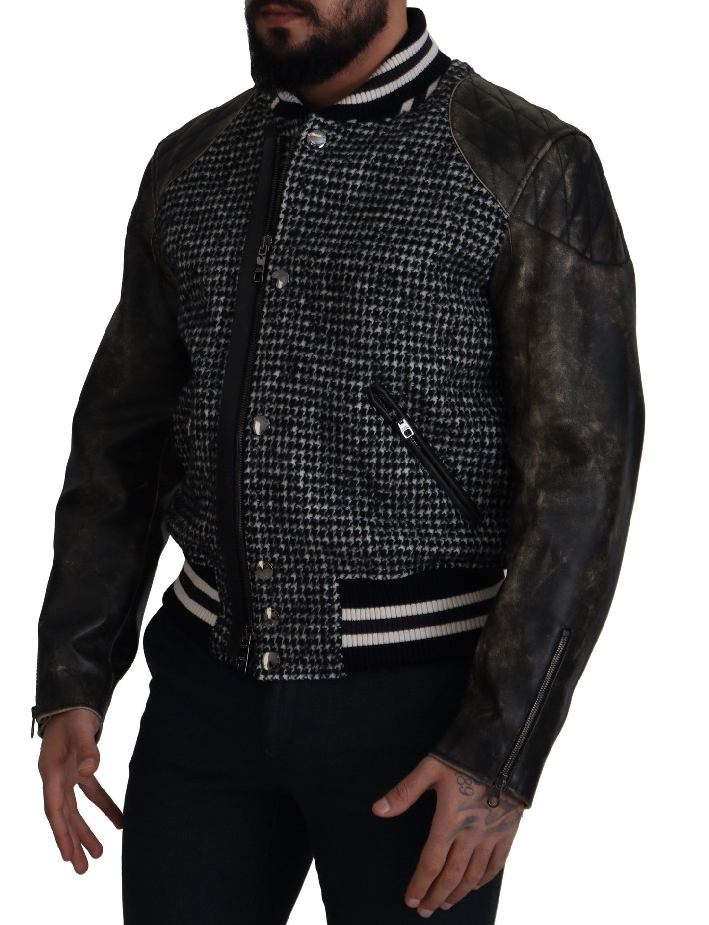 Dolce &amp; Gabbana Blouson aviateur en polyester pied-de-poule noir