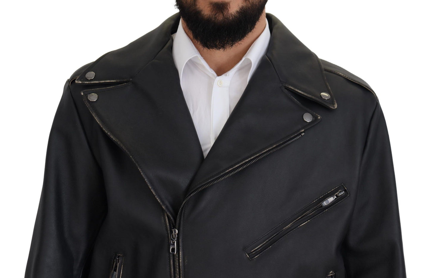 Dolce &amp; Gabbana Schwarze Leder-Bikermantel-Reißverschlussjacke