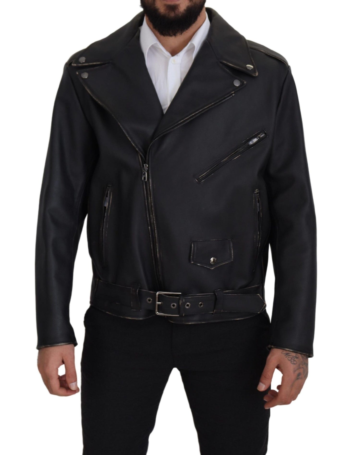 Dolce &amp; Gabbana Veste de motard en cuir noir avec fermeture éclair