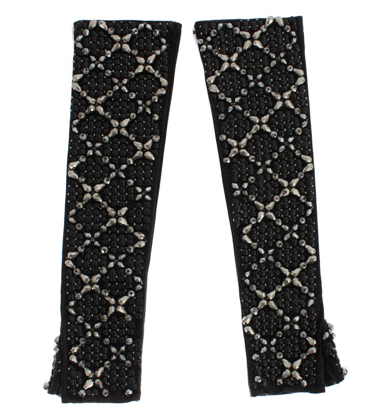 Dolce &amp; Gabbana Gants sans doigts en cuir noir avec perles de cristal