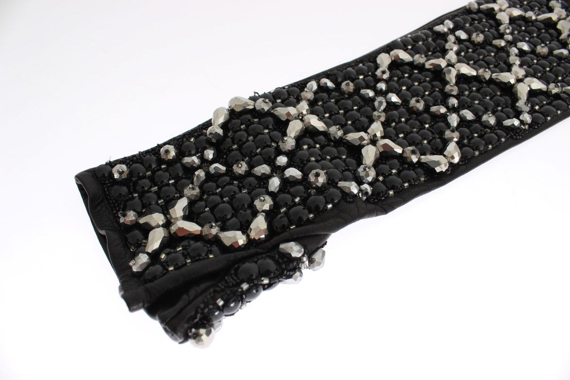 Dolce &amp; Gabbana Gants sans doigts en cuir noir avec perles de cristal