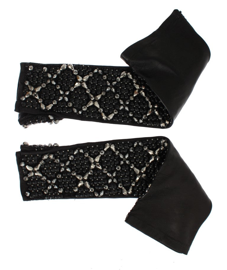 Dolce &amp; Gabbana Gants sans doigts en cuir noir avec perles de cristal