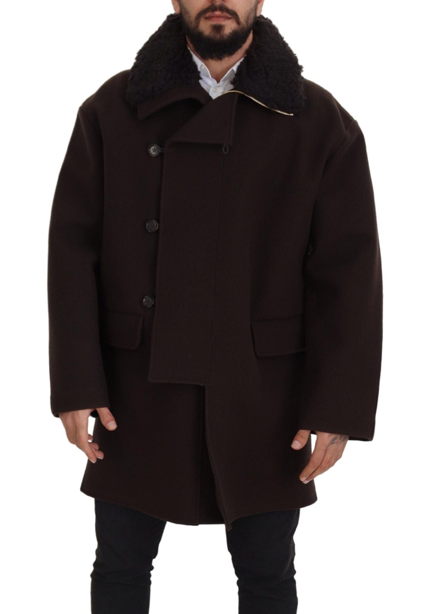 Dolce &amp; Gabbana Braune zweireihige Shearling-Manteljacke