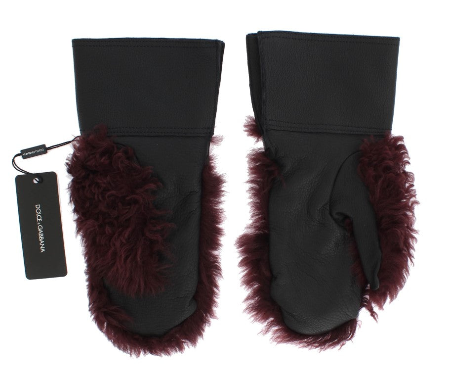 Dolce &amp; Gabbana Gants en peau de mouton bordeaux en cuir noir