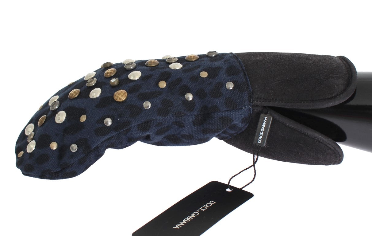 Dolce &amp; Gabbana Handschuhe aus grauem Woll-Shearling mit Nieten und blauem Leopardenmuster