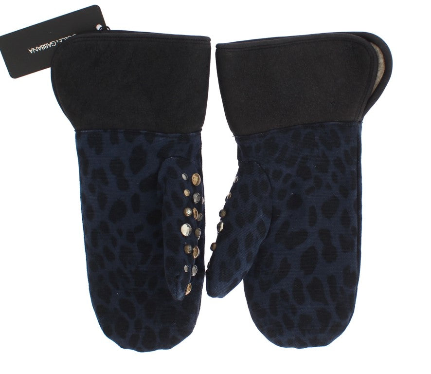 Dolce &amp; Gabbana Handschuhe aus grauem Woll-Shearling mit Nieten und blauem Leopardenmuster