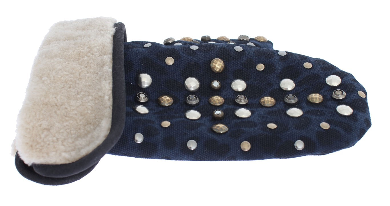 Dolce &amp; Gabbana Handschuhe aus grauem Woll-Shearling mit Nieten und blauem Leopardenmuster