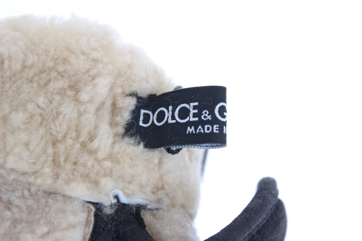 Dolce &amp; Gabbana Handschuhe aus grauem Woll-Shearling mit Nieten und blauem Leopardenmuster