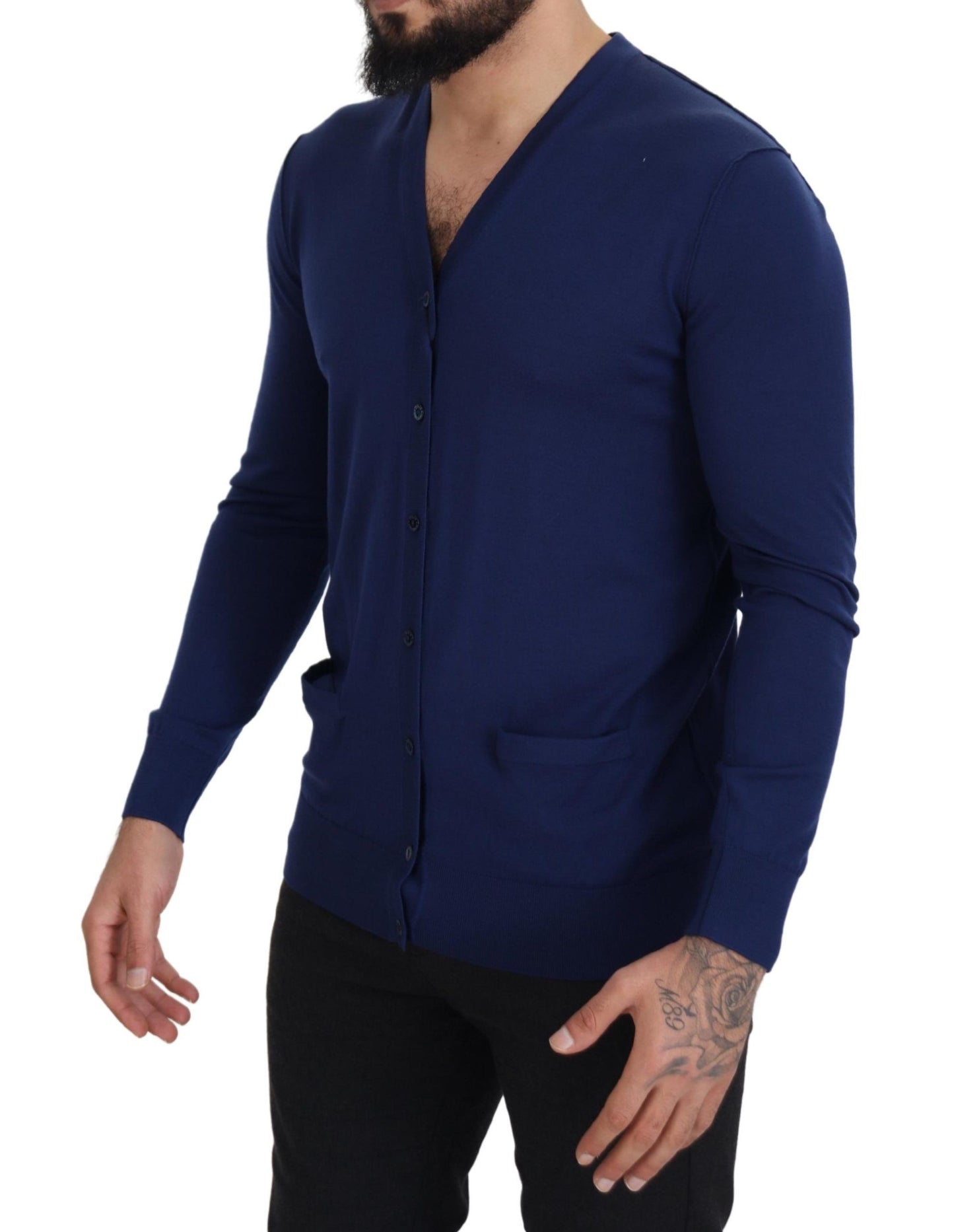 Dolce &amp; Gabbana Blauer Wollpullover mit V-Ausschnitt und Knopfleiste