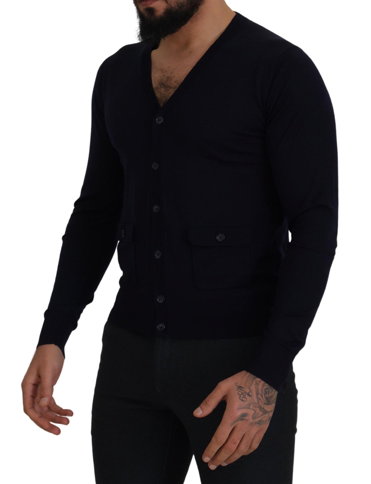 Dolce &amp; Gabbana Blauer STAFF-Daunen-Cardigan aus Wolle