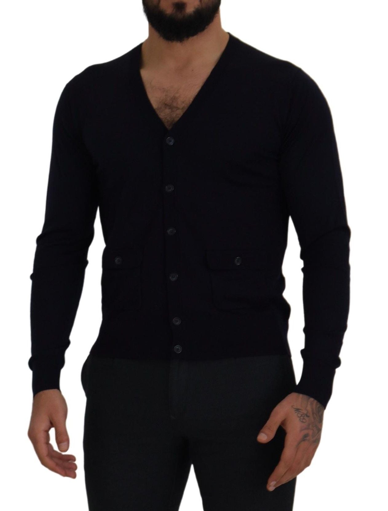 Dolce &amp; Gabbana Blauer STAFF-Daunen-Cardigan aus Wolle