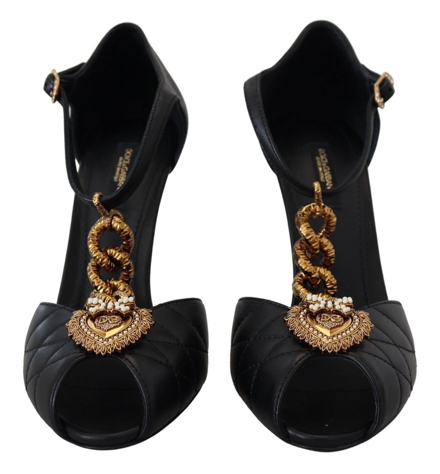 Dolce &amp; Gabbana schwarze Leder-Gold-Devotion-Herz-Sandalen-Schuhe