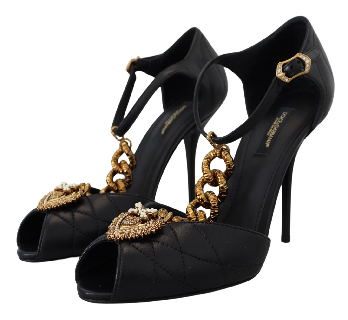 Dolce &amp; Gabbana Chaussures Sandales En Cuir Noir Doré Devotion Heart