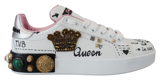 Dolce &amp; Gabbana Chaussures de baskets en cuir blanc Crystal Queen Crown