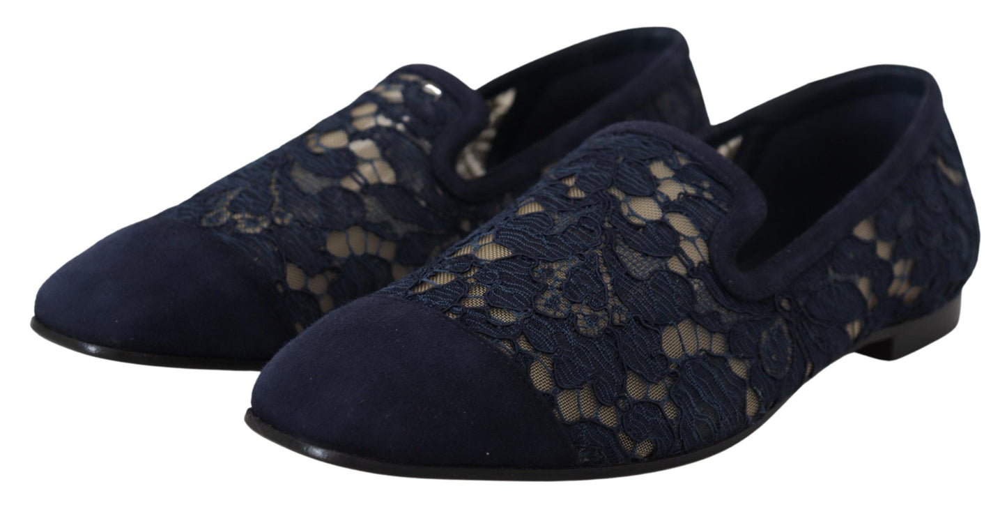 Dolce &amp; Gabbana Blue Floral Lace Slip Ons Loafers Flats Schuhe