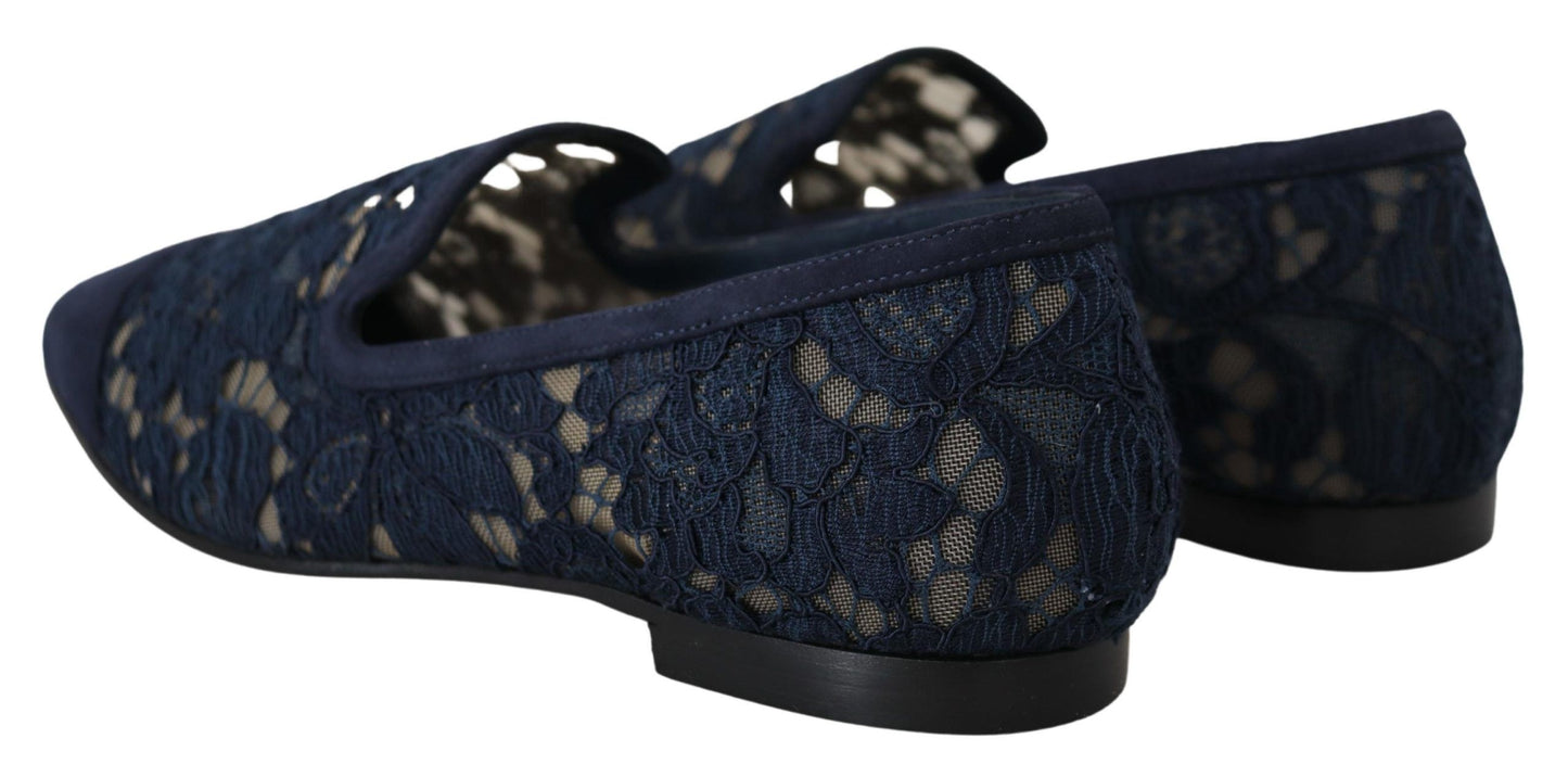 Dolce &amp; Gabbana Bleu Floral Lace Slip Ons Mocassins Chaussures Plates