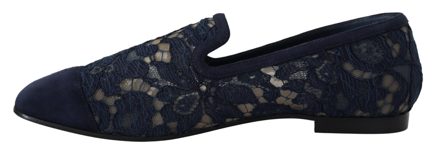 Dolce &amp; Gabbana Bleu Floral Lace Slip Ons Mocassins Chaussures Plates