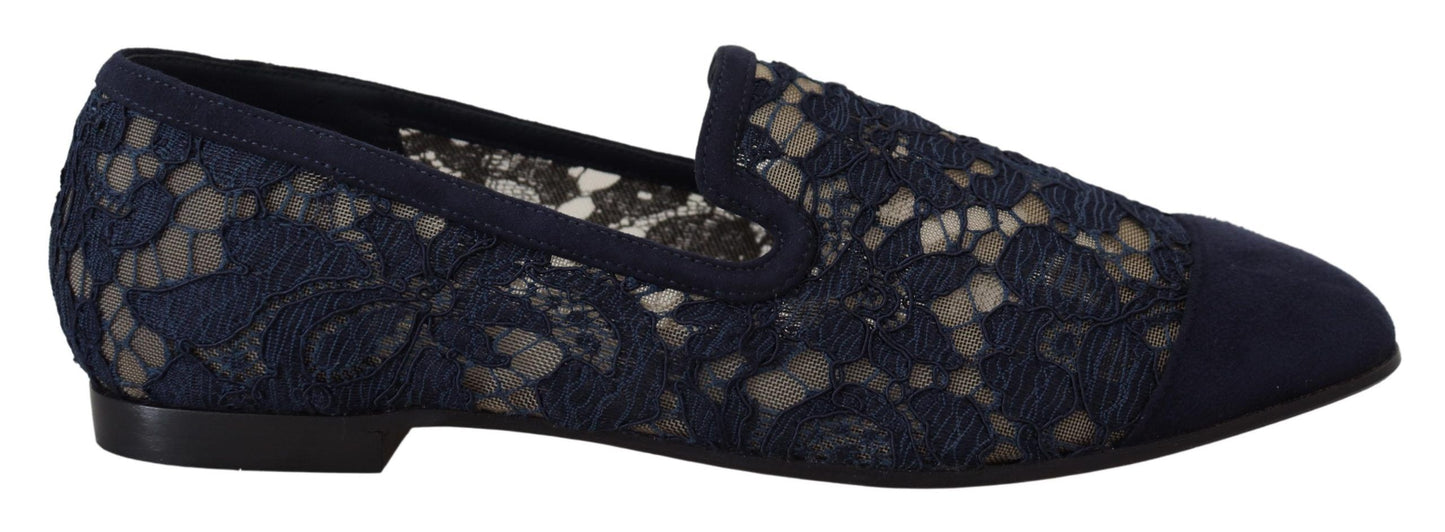 Dolce &amp; Gabbana Blue Floral Lace Slip Ons Loafers Flats Schuhe