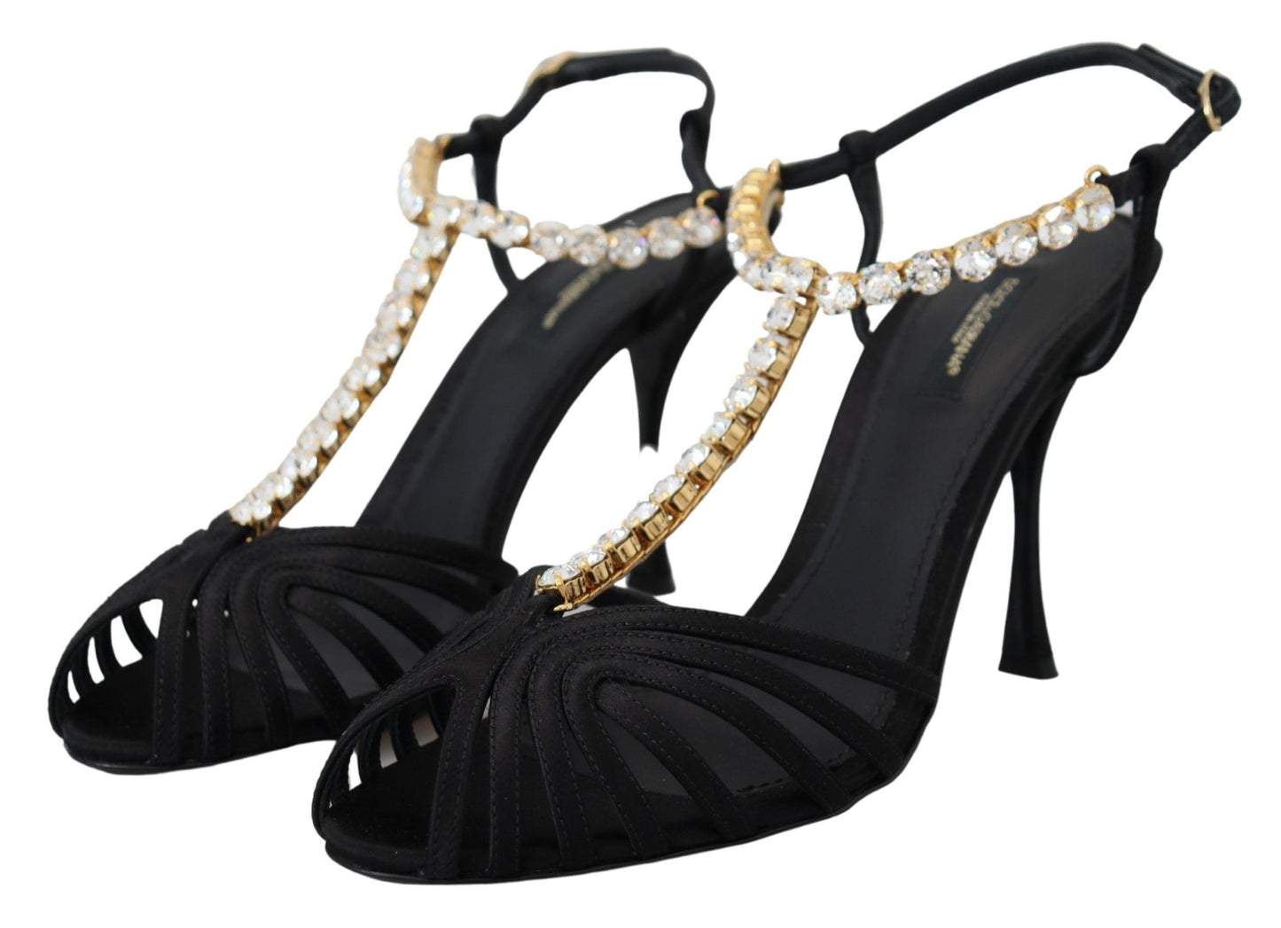 Dolce &amp; Gabbana Schwarze Satin-Sandalen mit klarem Kristall und T-Riemen