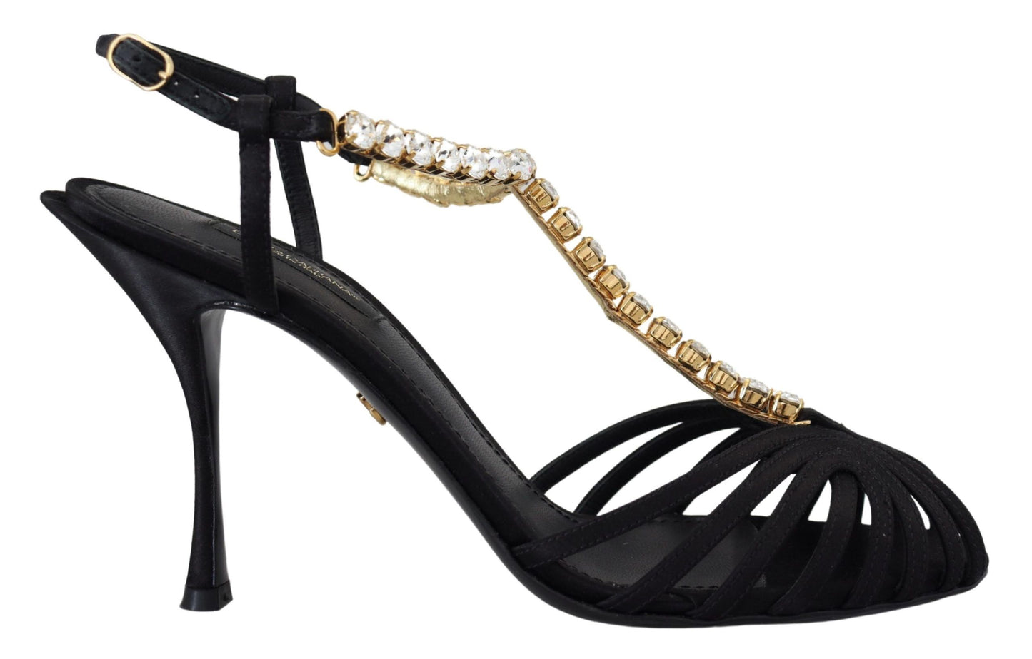 Dolce &amp; Gabbana Schwarze Satin-Sandalen mit klarem Kristall und T-Riemen