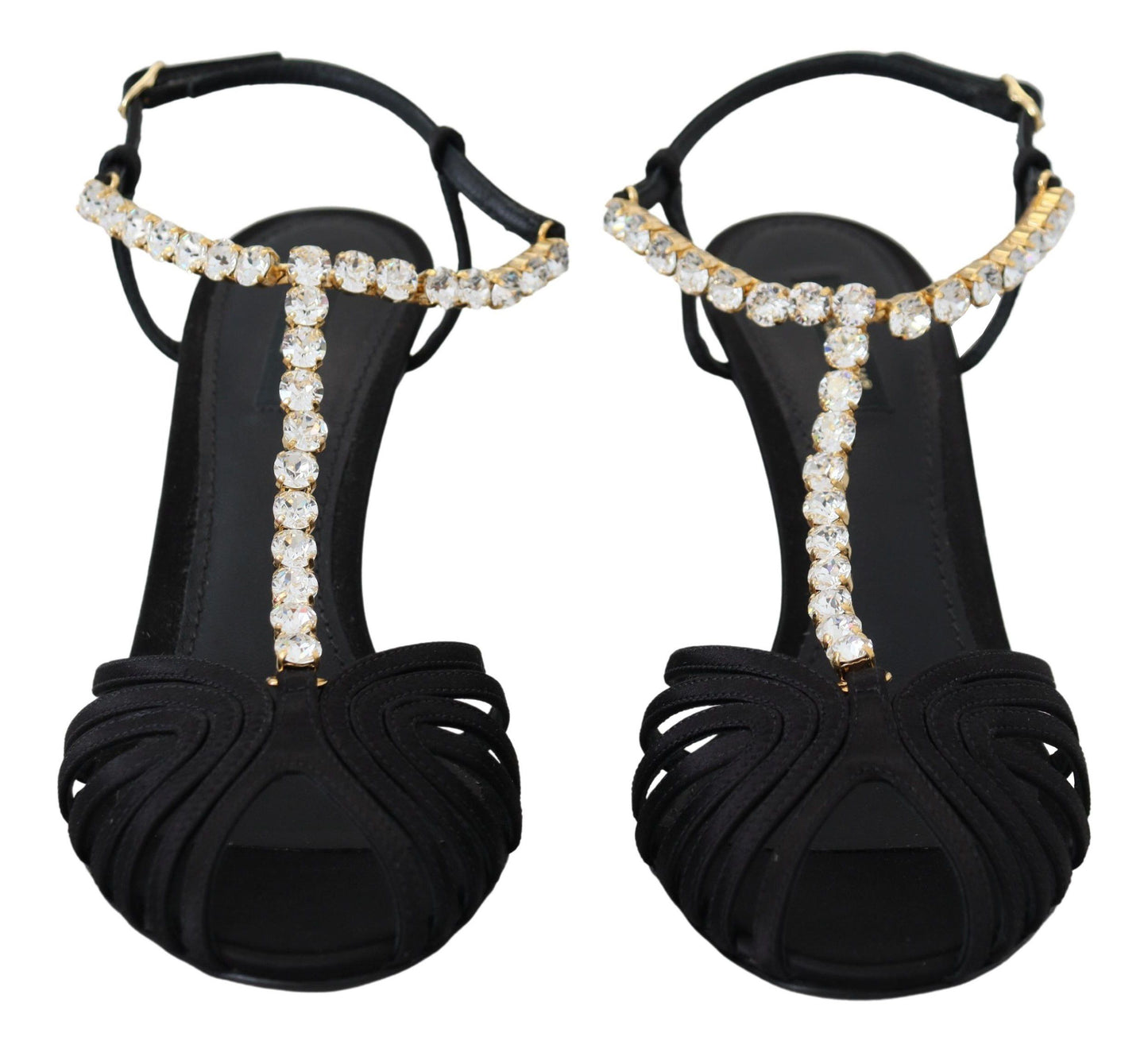 Dolce &amp; Gabbana Schwarze Satin-Sandalen mit klarem Kristall und T-Riemen