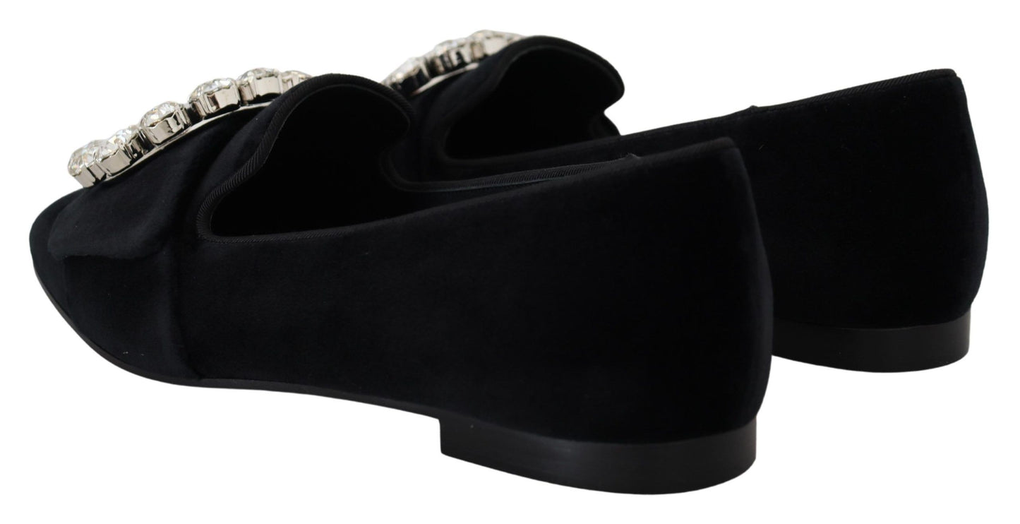 Dolce &amp; Gabbana Mocassins en velours noir avec cristaux et chaussures plates