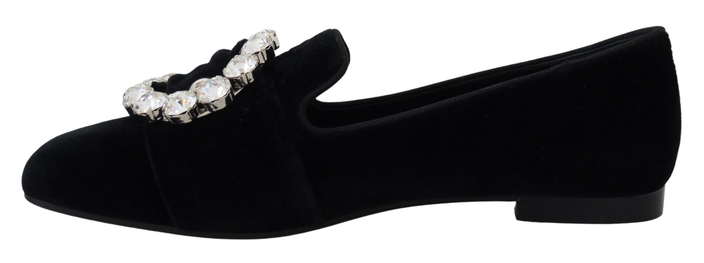 Dolce &amp; Gabbana Mocassins en velours noir avec cristaux et chaussures plates