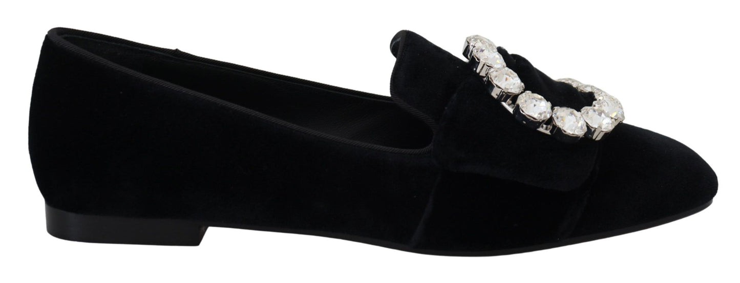 Dolce &amp; Gabbana Mocassins en velours noir avec cristaux et chaussures plates