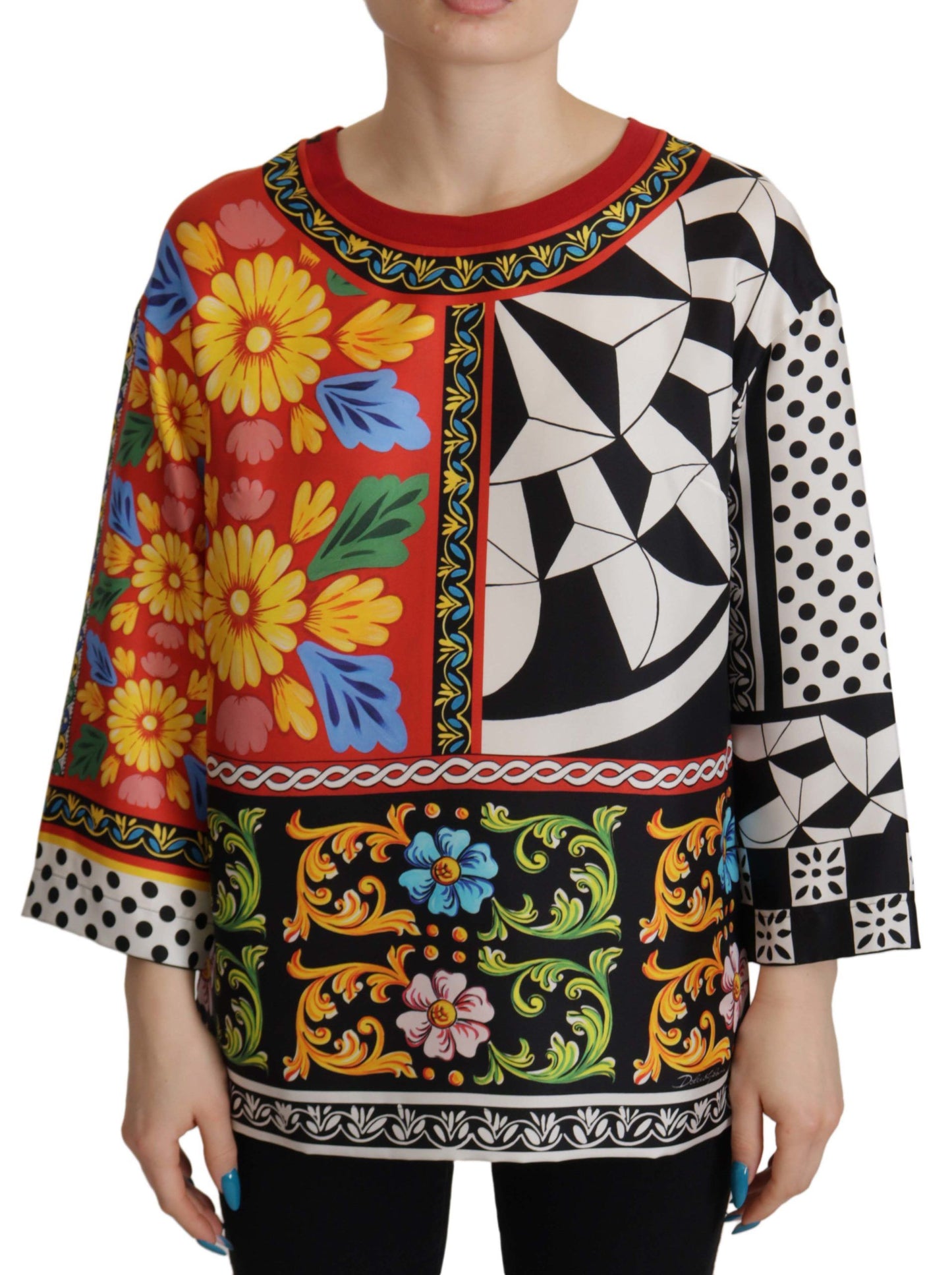 Dolce & Gabbana Silk Baroque Floral Round Neck Blouse