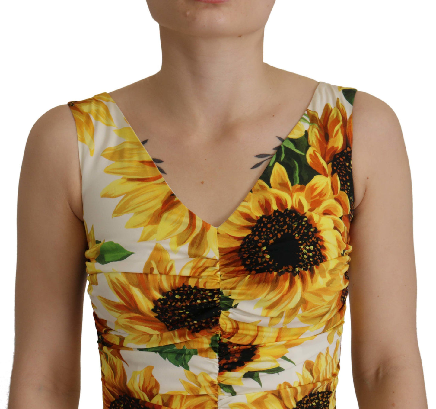 Dolce &amp; Gabbana Weißes Etuikleid aus Midi-Seide mit Sonnenblumenmuster