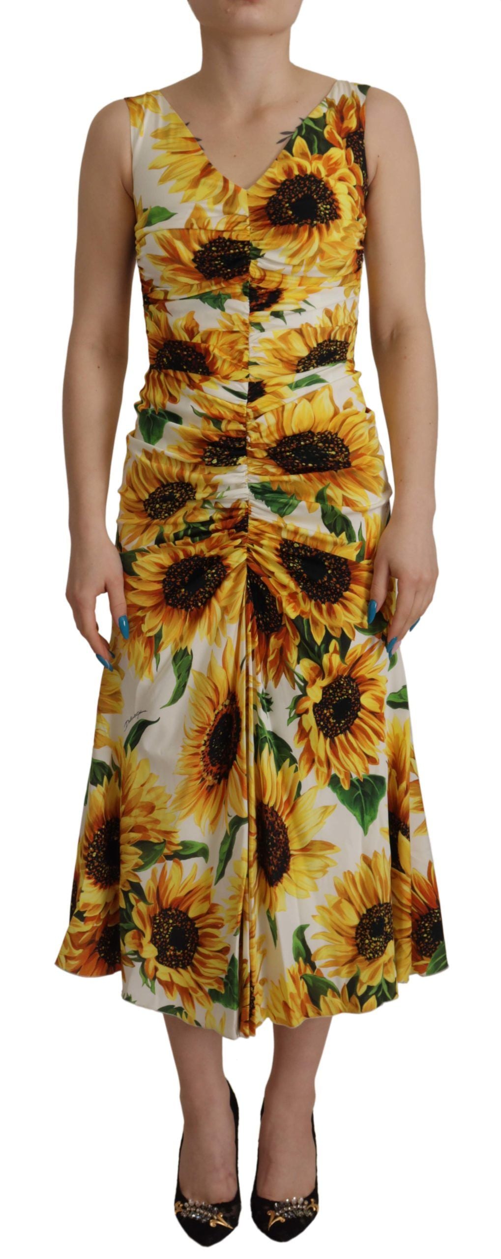 Dolce &amp; Gabbana Gaine midi en soie blanche à imprimé tournesol