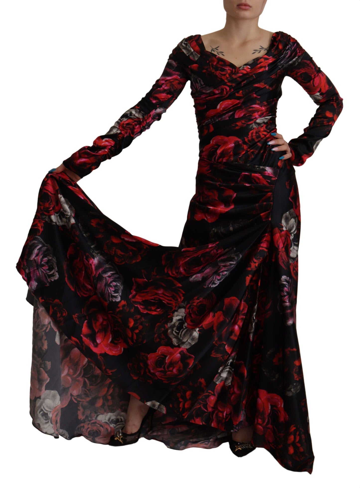 Dolce &amp; Gabbana Robe fourreau trapèze noire à roses florales