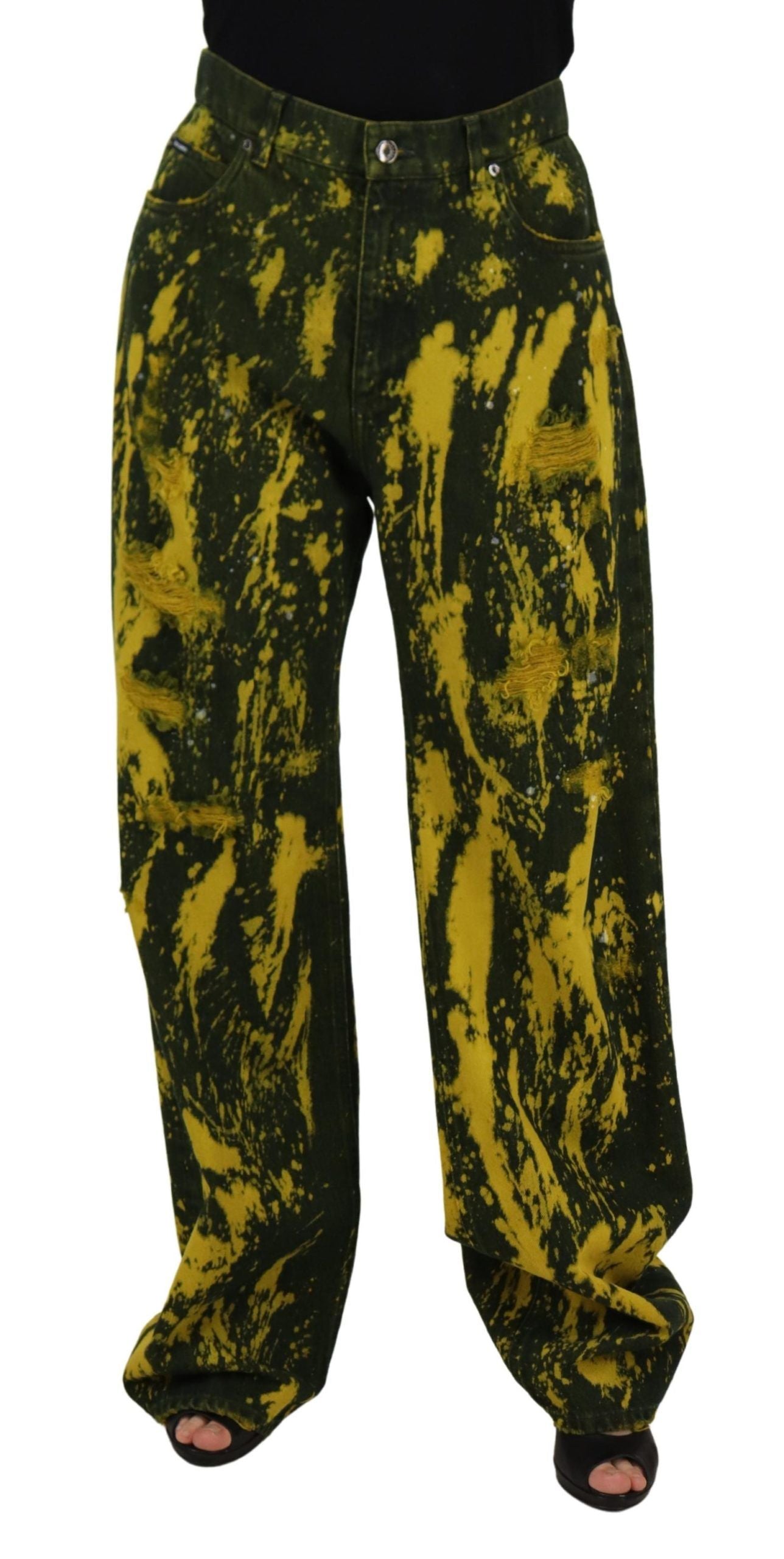 Dolce &amp; Gabbana Pantalon taille haute jaune tie-dye en coton