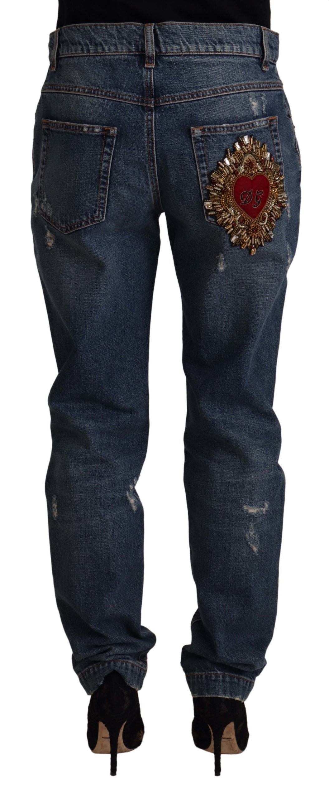 Dolce &amp; Gabbana Pantalon en denim bleu avec patch logo coeur baroque