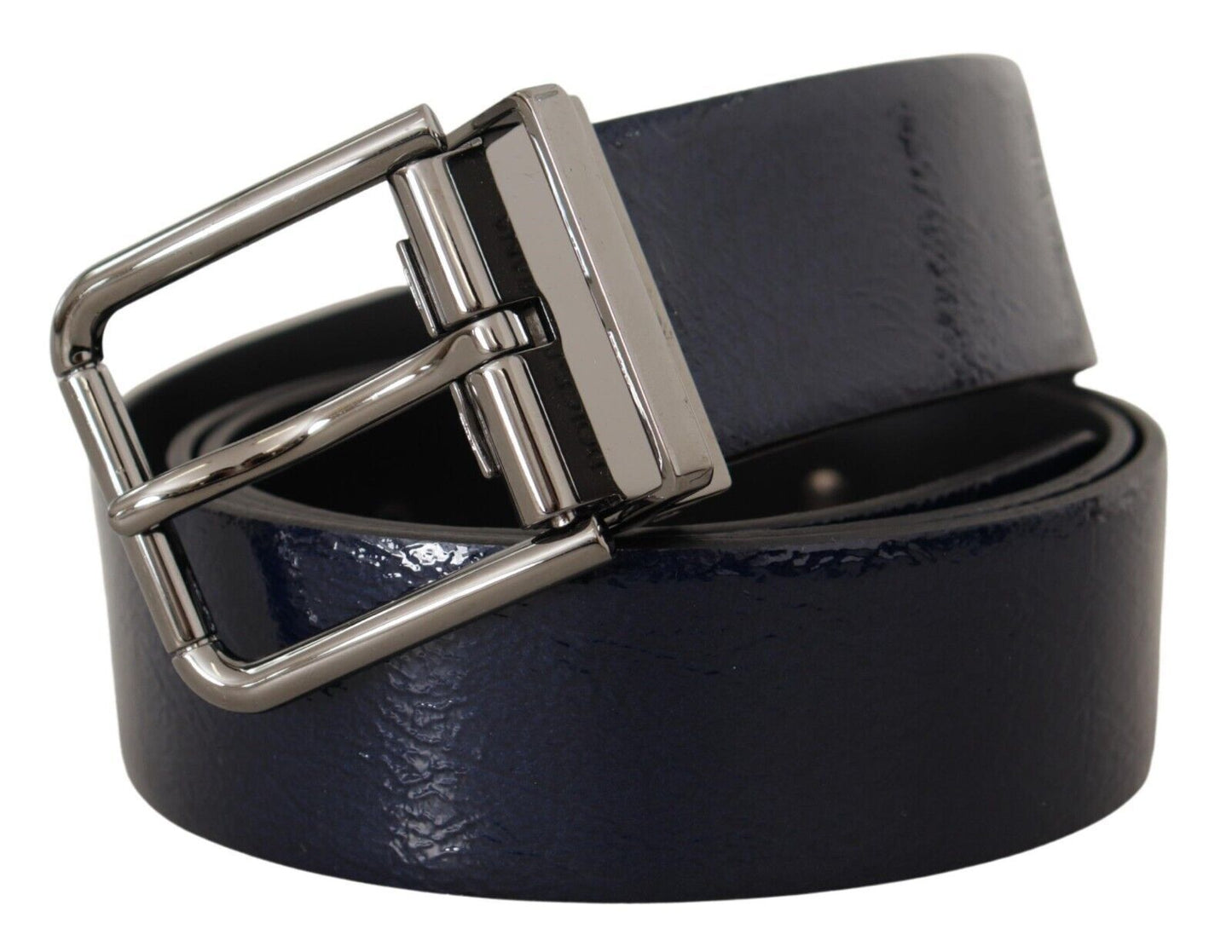 Dolce &amp; Gabbana Ceinture à boucle avec logo argenté en cuir verni bleu Vernice