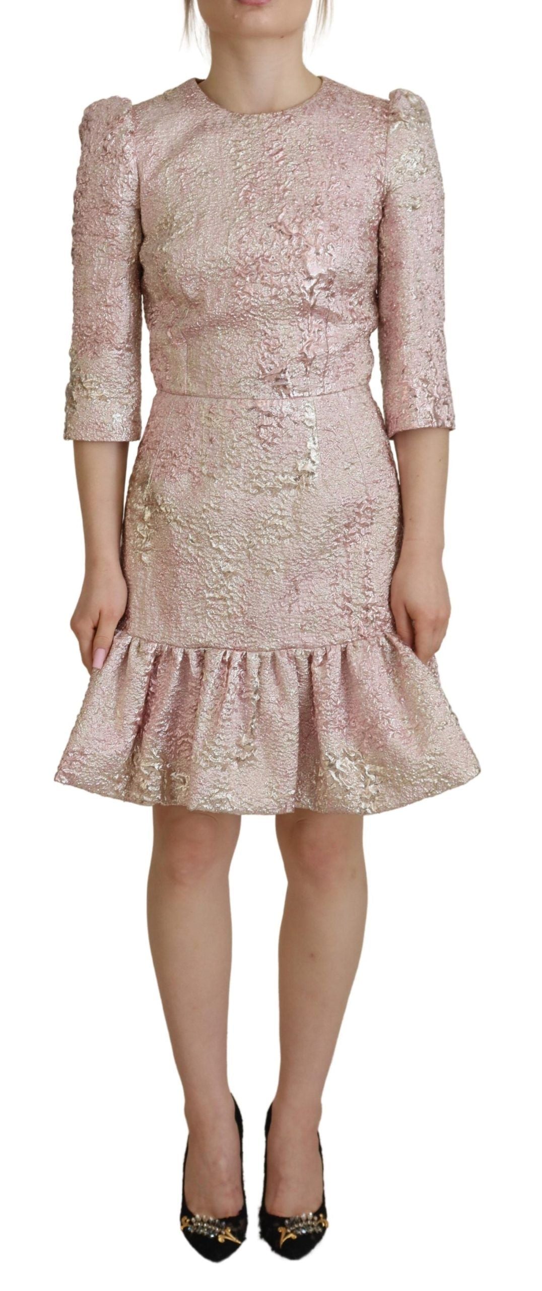 Dolce &amp; Gabbana Robe mi-longue fourreau rose à manches 3/4 en jacquard