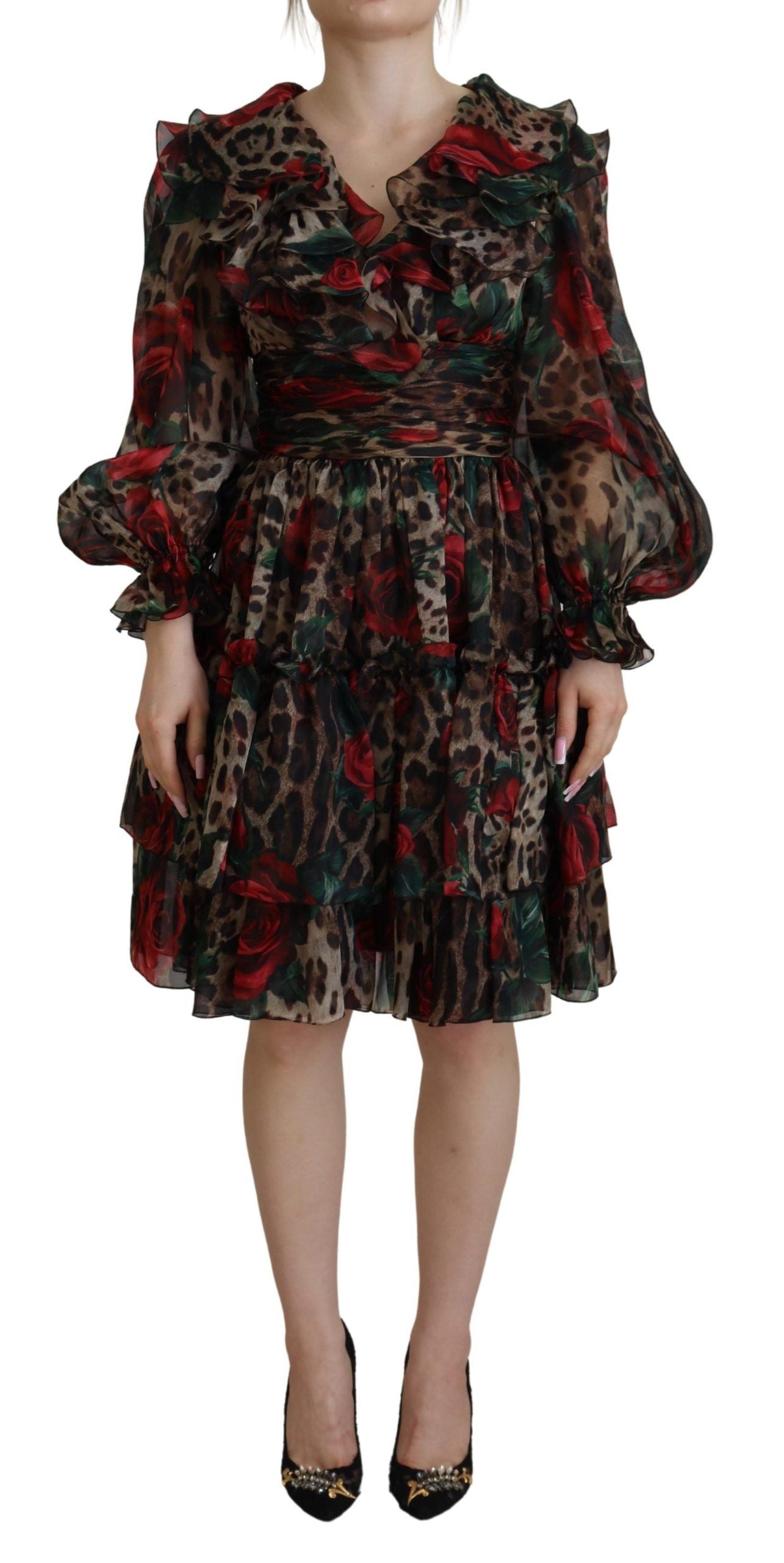 Dolce &amp; Gabbana Robe à volants en soie à roses léopard marron