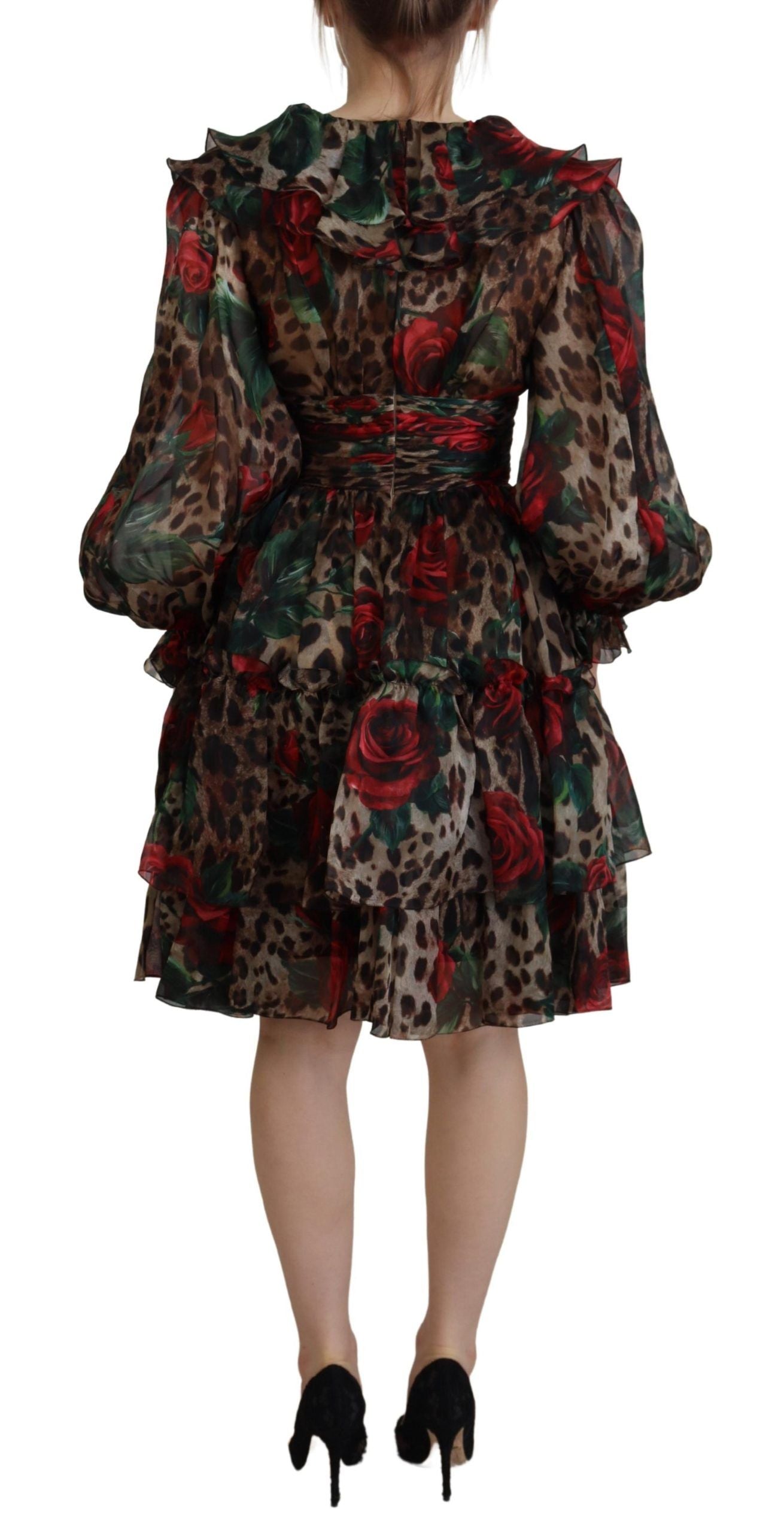 Dolce &amp; Gabbana Robe à volants en soie à roses léopard marron