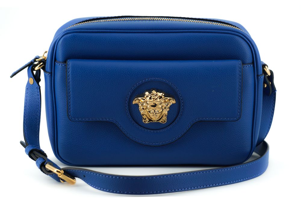 Versace Sac bandoulière en cuir de veau bleu pour appareil photo