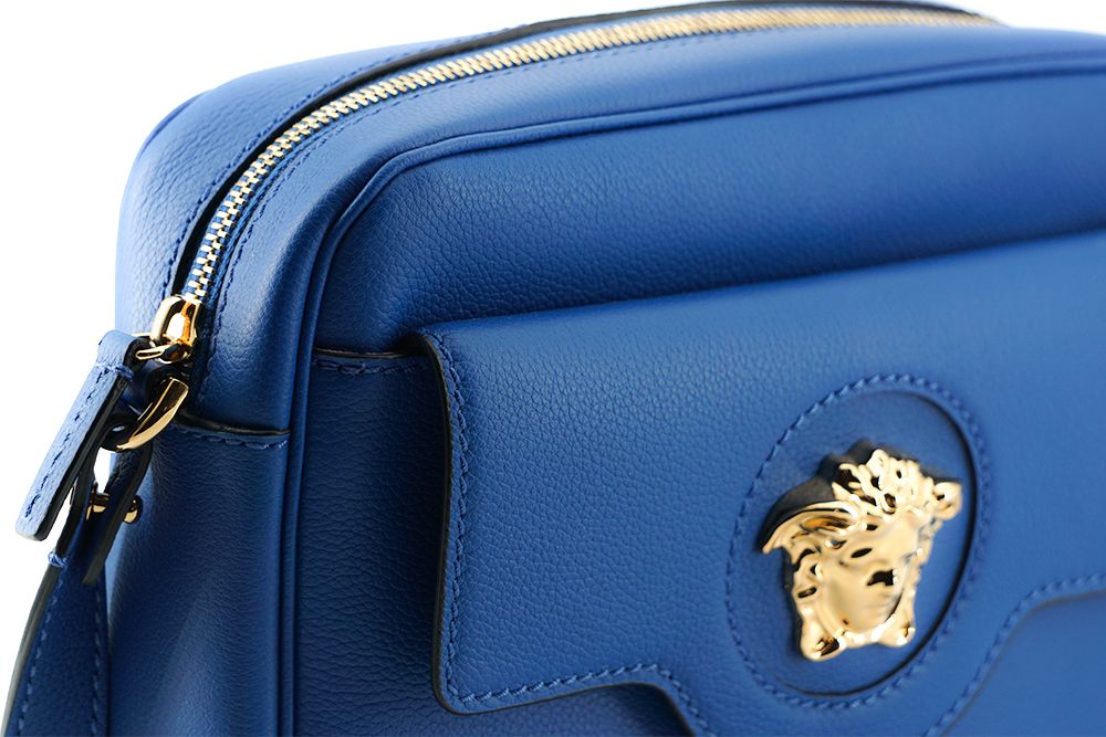 Versace Sac bandoulière en cuir de veau bleu pour appareil photo