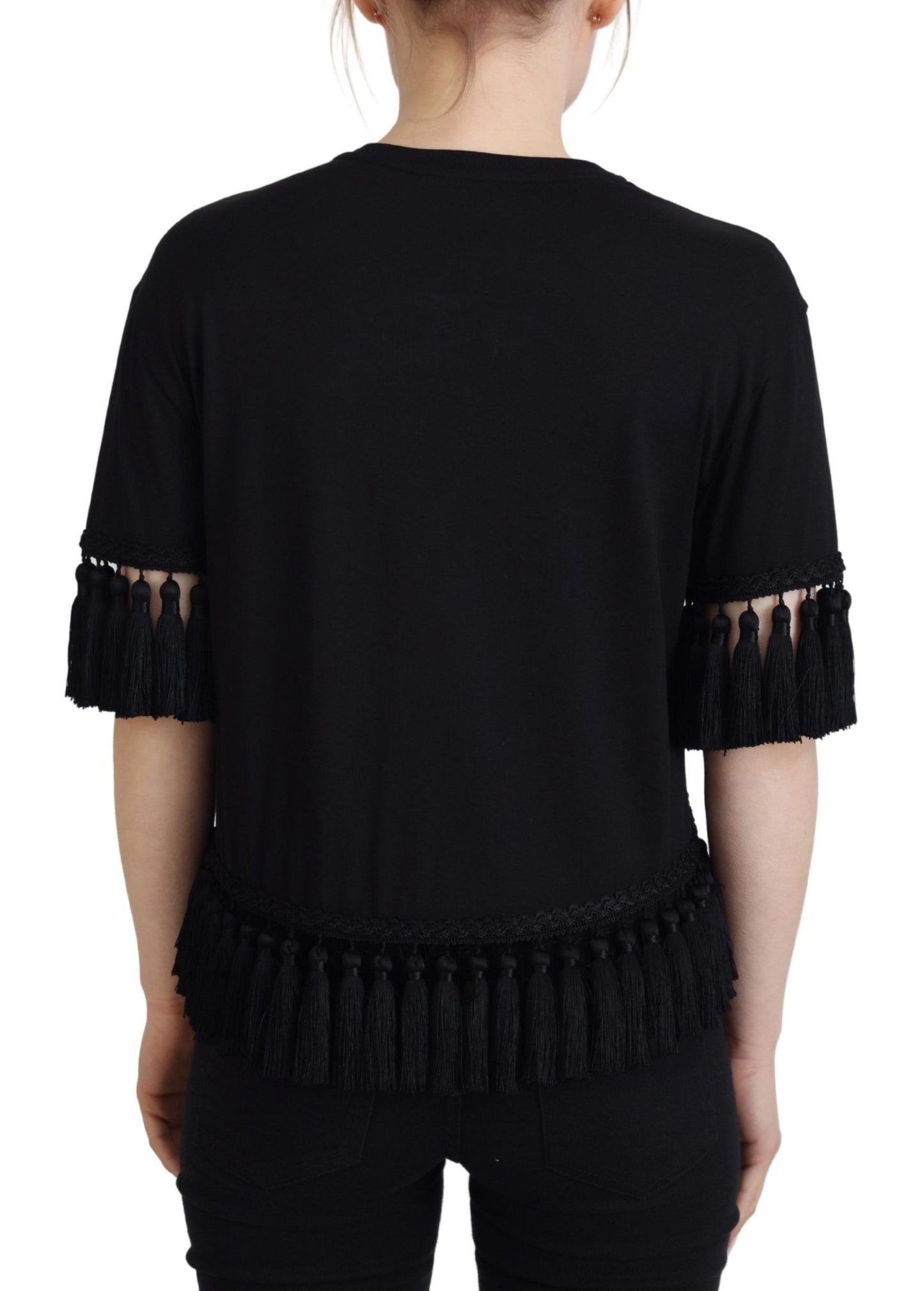 Schwarze T-Shirt-Bluse von Dolce &amp; Gabbana. Baumwollbluse mit Quasten