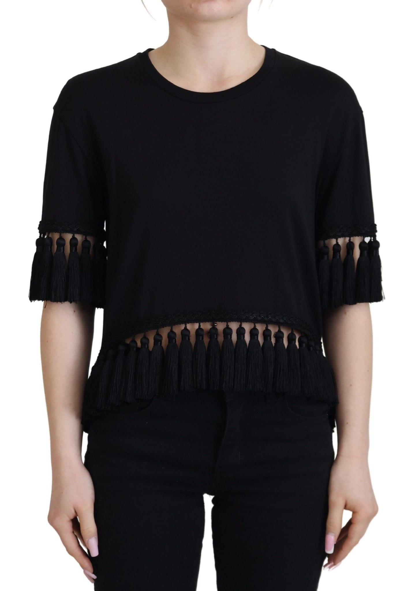 Schwarze T-Shirt-Bluse von Dolce &amp; Gabbana. Baumwollbluse mit Quasten