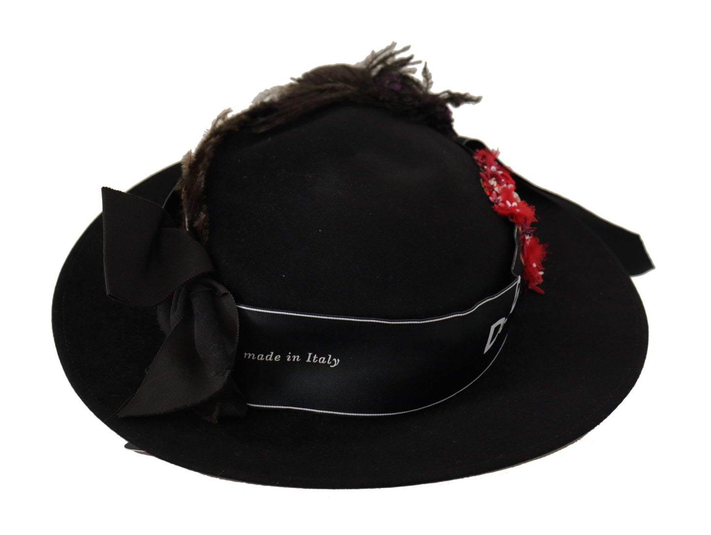 Dolce &amp; Gabbana Schwarzer Lapil-Fedora-Hut mit Kristall-Herz-Feder-Brosche