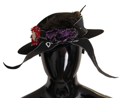 Dolce &amp; Gabbana Broche en plumes de cœur en cristal Lapil noir Chapeau Fedora