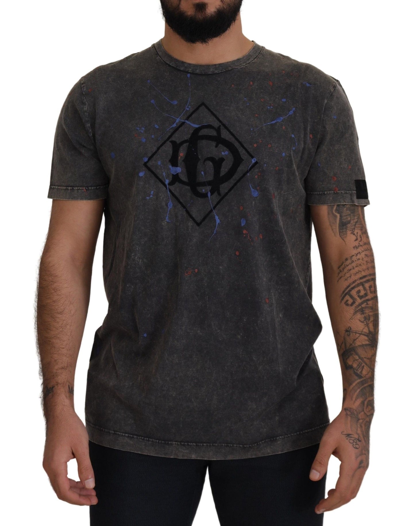 Dolce &amp; Gabbana T-shirt gris à effet décoloré avec logo DG